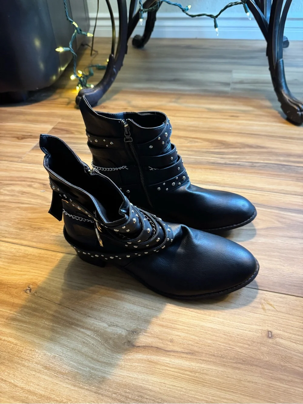 Women's Black Studded Ankle Booties with Decorative Straps